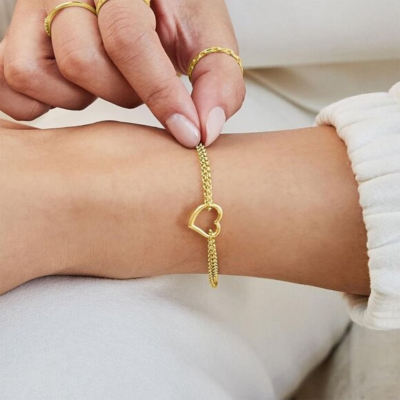 Trendy 14K Gold Plated Love Heart Link Chain Ring Bracelet Hand Chain for Women - Picture 2 of 7